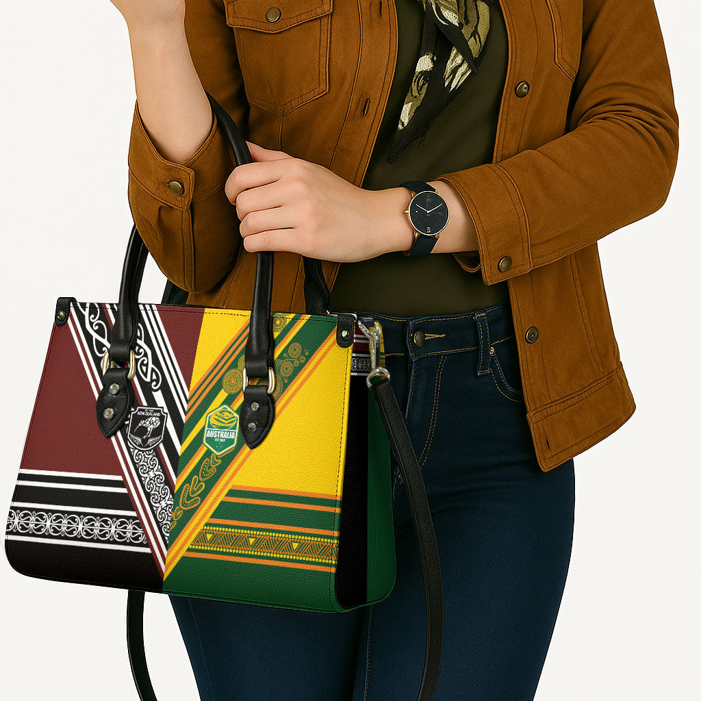 Rugby New Zealand and Australia Leather Bag Burgundy Koru Geometric with Aboriginal Chevron Sport Style