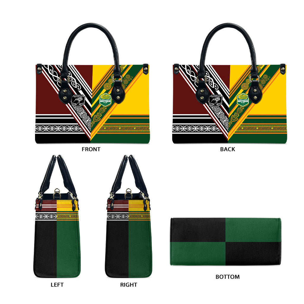 Rugby New Zealand and Australia Leather Bag Burgundy Koru Geometric with Aboriginal Chevron Sport Style