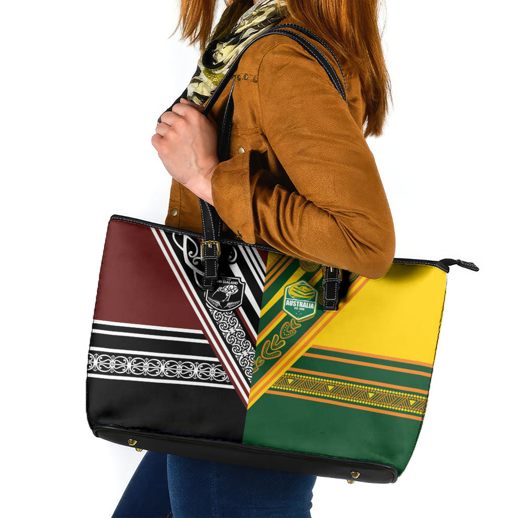 Rugby New Zealand and Australia Leather Tote Bag Burgundy Koru Geometric with Aboriginal Chevron Sport Style