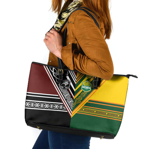 Rugby New Zealand and Australia Leather Tote Bag Burgundy Koru Geometric with Aboriginal Chevron Sport Style