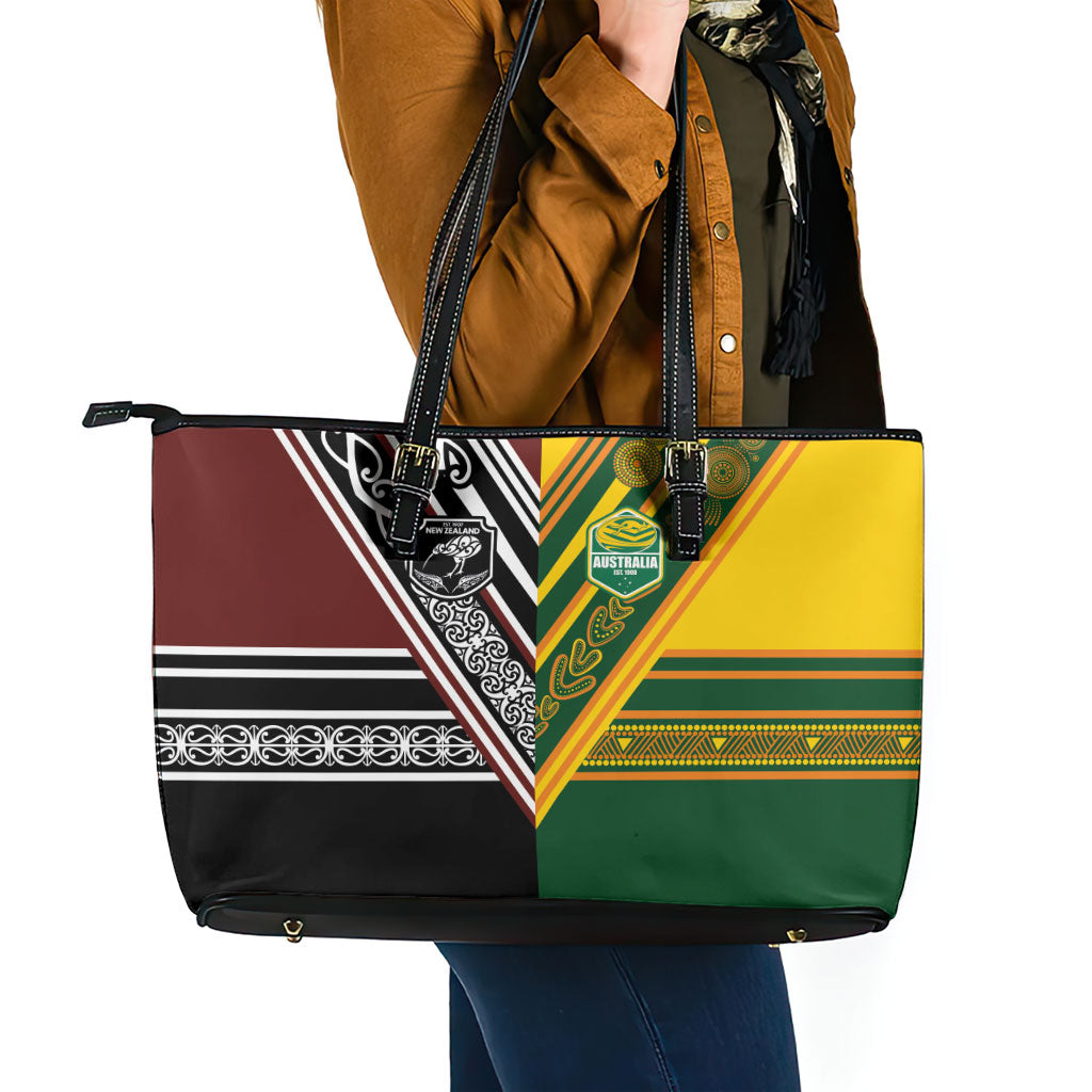 Rugby New Zealand and Australia Leather Tote Bag Burgundy Koru Geometric with Aboriginal Chevron Sport Style