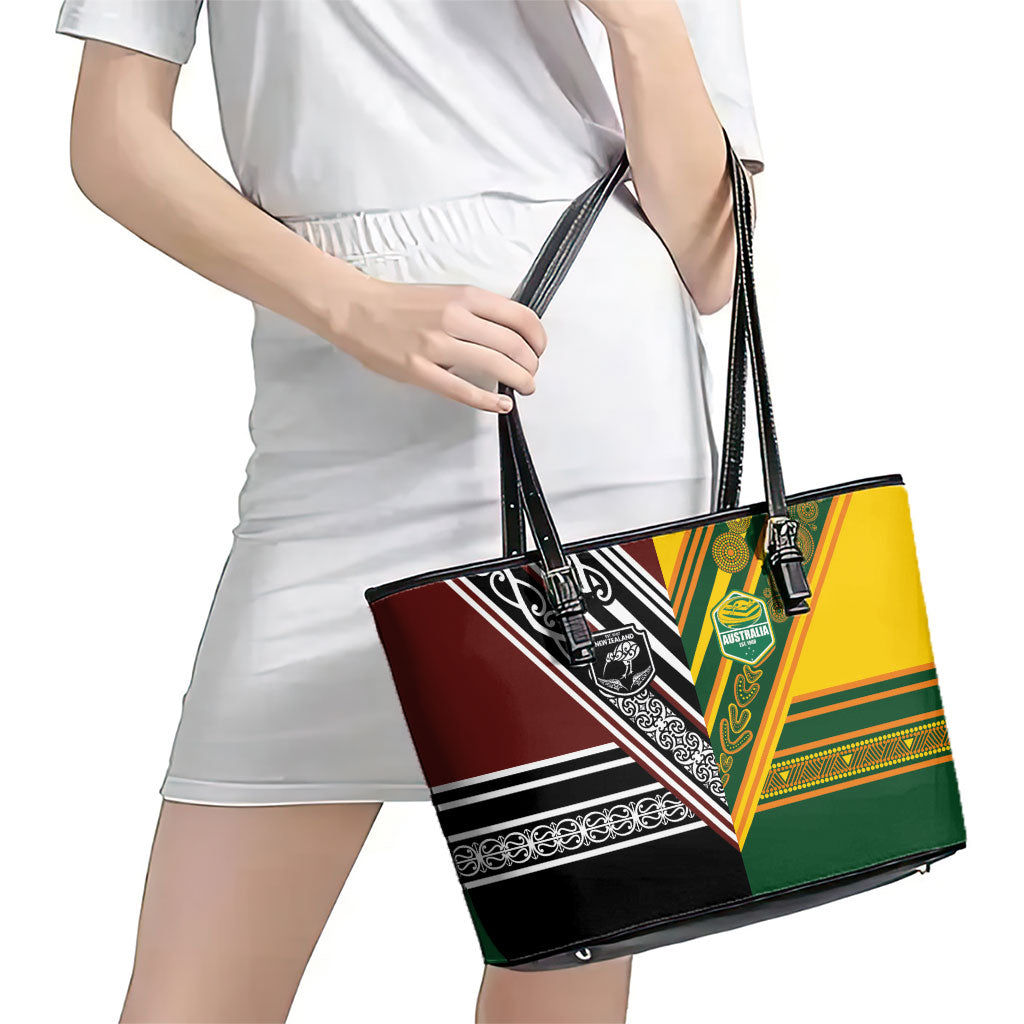 Rugby New Zealand and Australia Leather Tote Bag Burgundy Koru Geometric with Aboriginal Chevron Sport Style