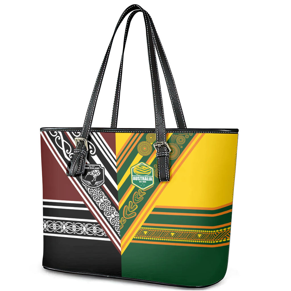 Rugby New Zealand and Australia Leather Tote Bag Burgundy Koru Geometric with Aboriginal Chevron Sport Style