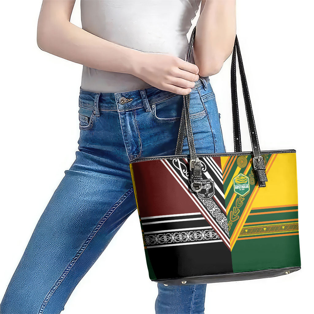 Rugby New Zealand and Australia Leather Tote Bag Burgundy Koru Geometric with Aboriginal Chevron Sport Style