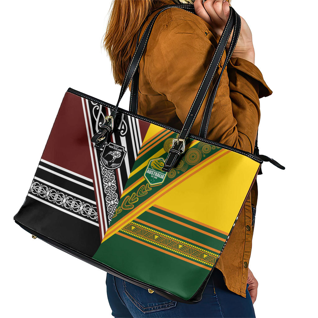 Rugby New Zealand and Australia Leather Tote Bag Burgundy Koru Geometric with Aboriginal Chevron Sport Style