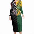 Custom Rugby New Zealand and Australia Long Sleeve Bodycon Dress Burgundy Koru Geometric with Aboriginal Chevron Sport Style