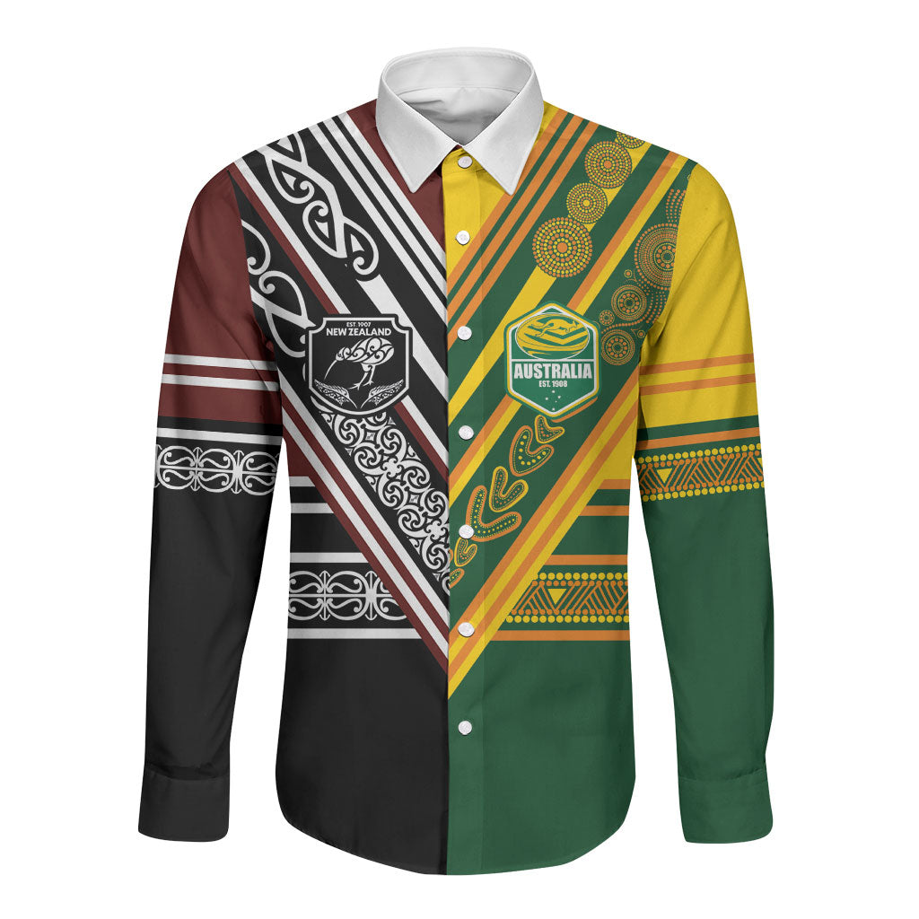 Custom Rugby New Zealand and Australia Long Sleeve Button Shirt Burgundy Koru Geometric with Aboriginal Chevron Sport Style