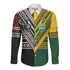 Custom Rugby New Zealand and Australia Long Sleeve Button Shirt Burgundy Koru Geometric with Aboriginal Chevron Sport Style