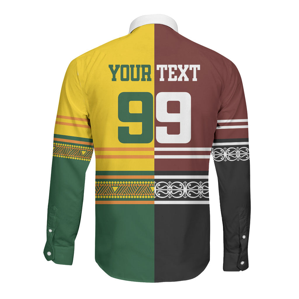 Custom Rugby New Zealand and Australia Long Sleeve Button Shirt Burgundy Koru Geometric with Aboriginal Chevron Sport Style
