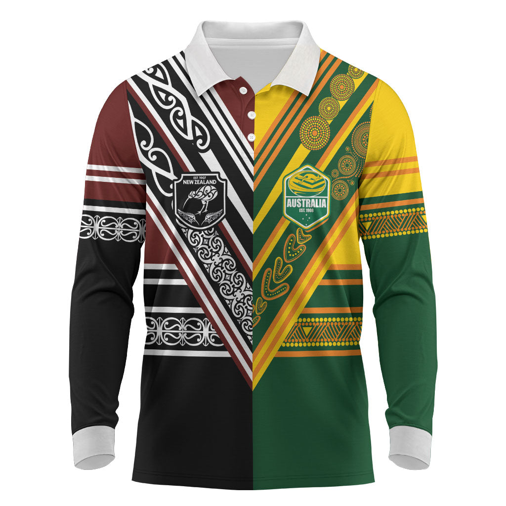 Custom Rugby New Zealand and Australia Long Sleeve Polo Shirt Burgundy Koru Geometric with Aboriginal Chevron Sport Style