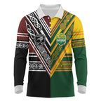 Custom Rugby New Zealand and Australia Long Sleeve Polo Shirt Burgundy Koru Geometric with Aboriginal Chevron Sport Style