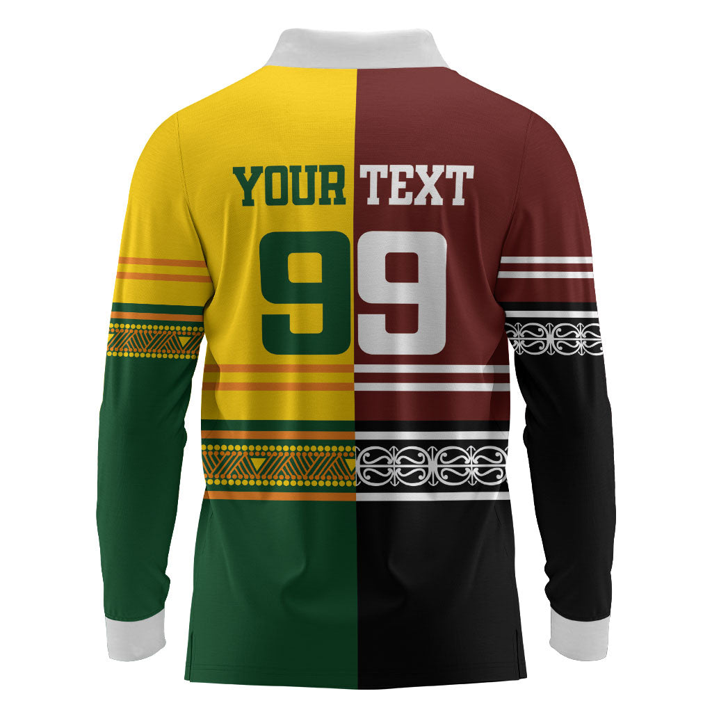 Custom Rugby New Zealand and Australia Long Sleeve Polo Shirt Burgundy Koru Geometric with Aboriginal Chevron Sport Style