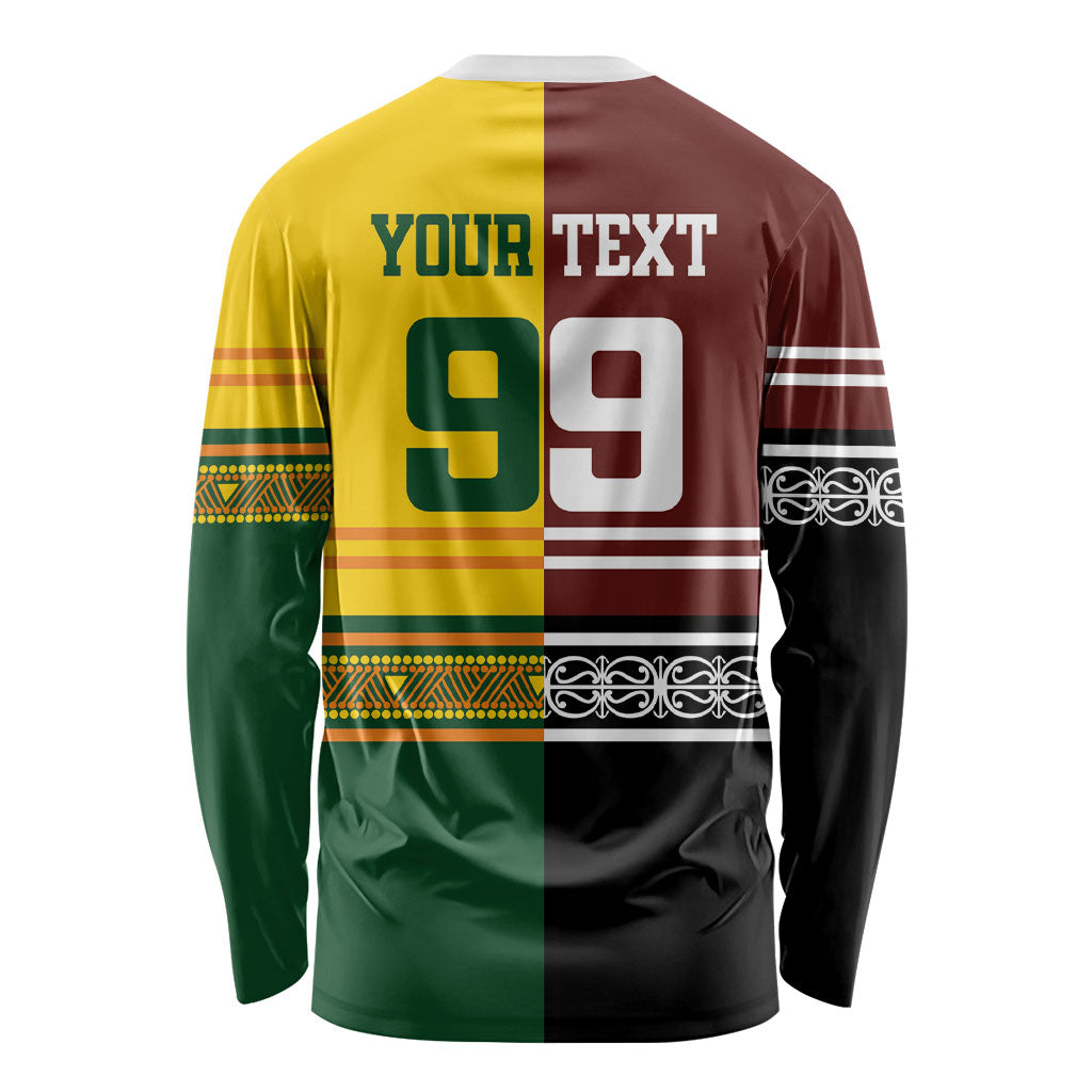 Custom Rugby New Zealand and Australia Long Sleeve Shirt Burgundy Koru Geometric with Aboriginal Chevron Sport Style