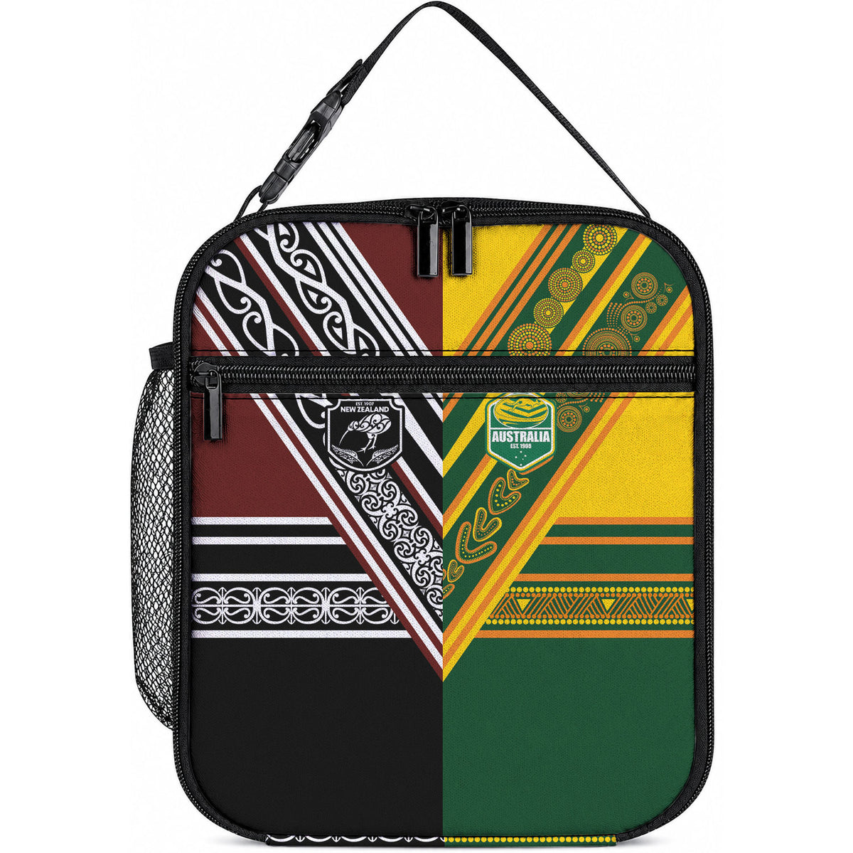 Rugby New Zealand and Australia Lunch Bag Burgundy Koru Geometric with Aboriginal Chevron Sport Style