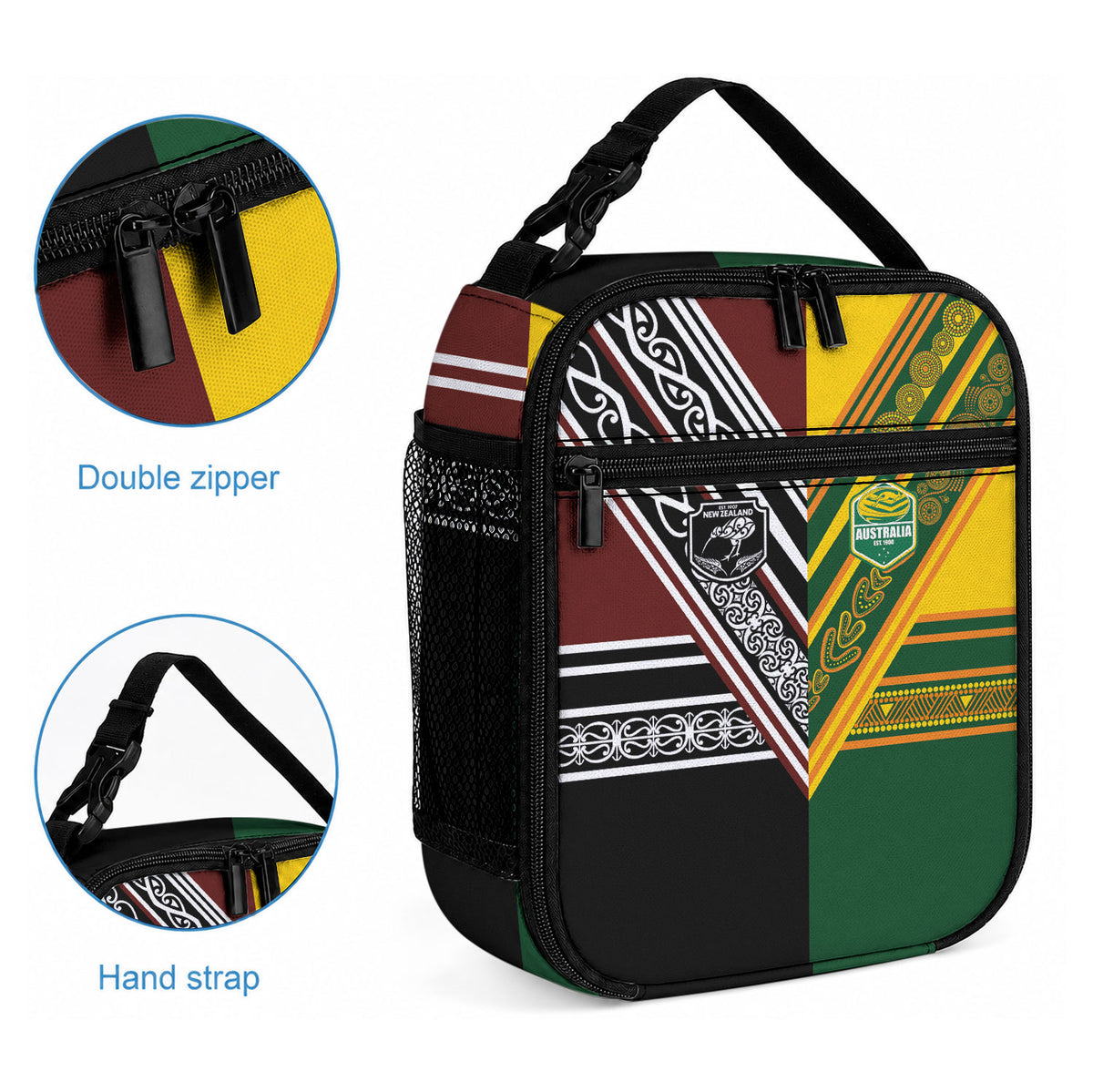 Rugby New Zealand and Australia Lunch Bag Burgundy Koru Geometric with Aboriginal Chevron Sport Style