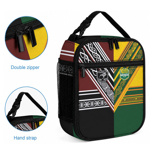 Rugby New Zealand and Australia Lunch Bag Burgundy Koru Geometric with Aboriginal Chevron Sport Style