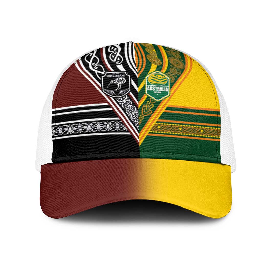New Zealand and Australia Rugby Mesh Trucker Cap Burgundy Koru Geometric with Aboriginal Chevron Sport Style