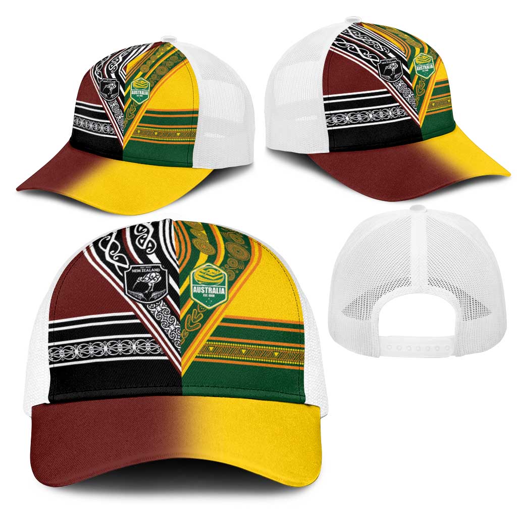 New Zealand and Australia Rugby Mesh Trucker Cap Burgundy Koru Geometric with Aboriginal Chevron Sport Style