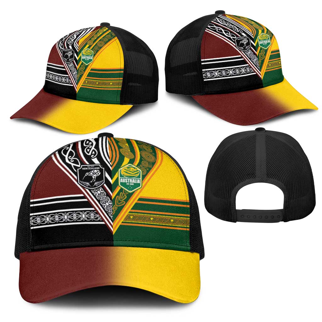 New Zealand and Australia Rugby Mesh Trucker Cap Burgundy Koru Geometric with Aboriginal Chevron Sport Style