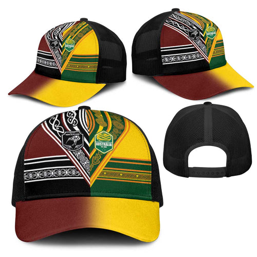 New Zealand and Australia Rugby Mesh Trucker Cap Burgundy Koru Geometric with Aboriginal Chevron Sport Style