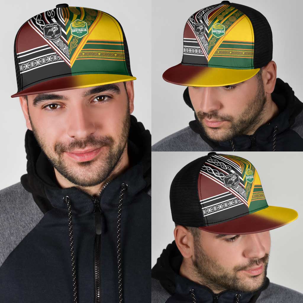 New Zealand and Australia Rugby Mesh Trucker Cap Burgundy Koru Geometric with Aboriginal Chevron Sport Style
