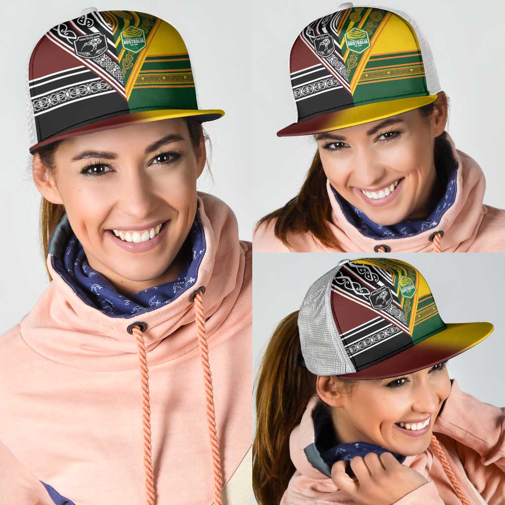 New Zealand and Australia Rugby Mesh Trucker Cap Burgundy Koru Geometric with Aboriginal Chevron Sport Style