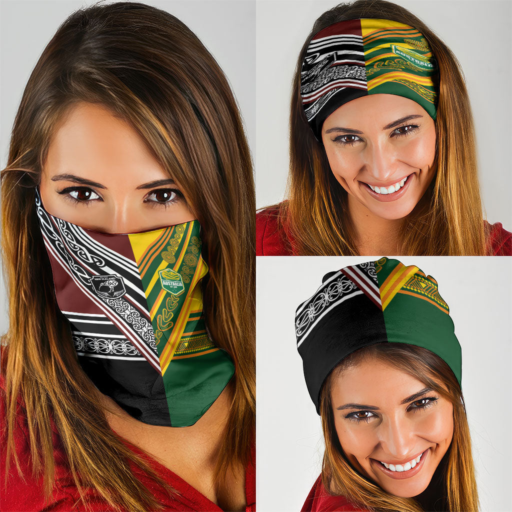 Rugby New Zealand and Australia Neck Gaiter Burgundy Koru Geometric with Aboriginal Chevron Sport Style