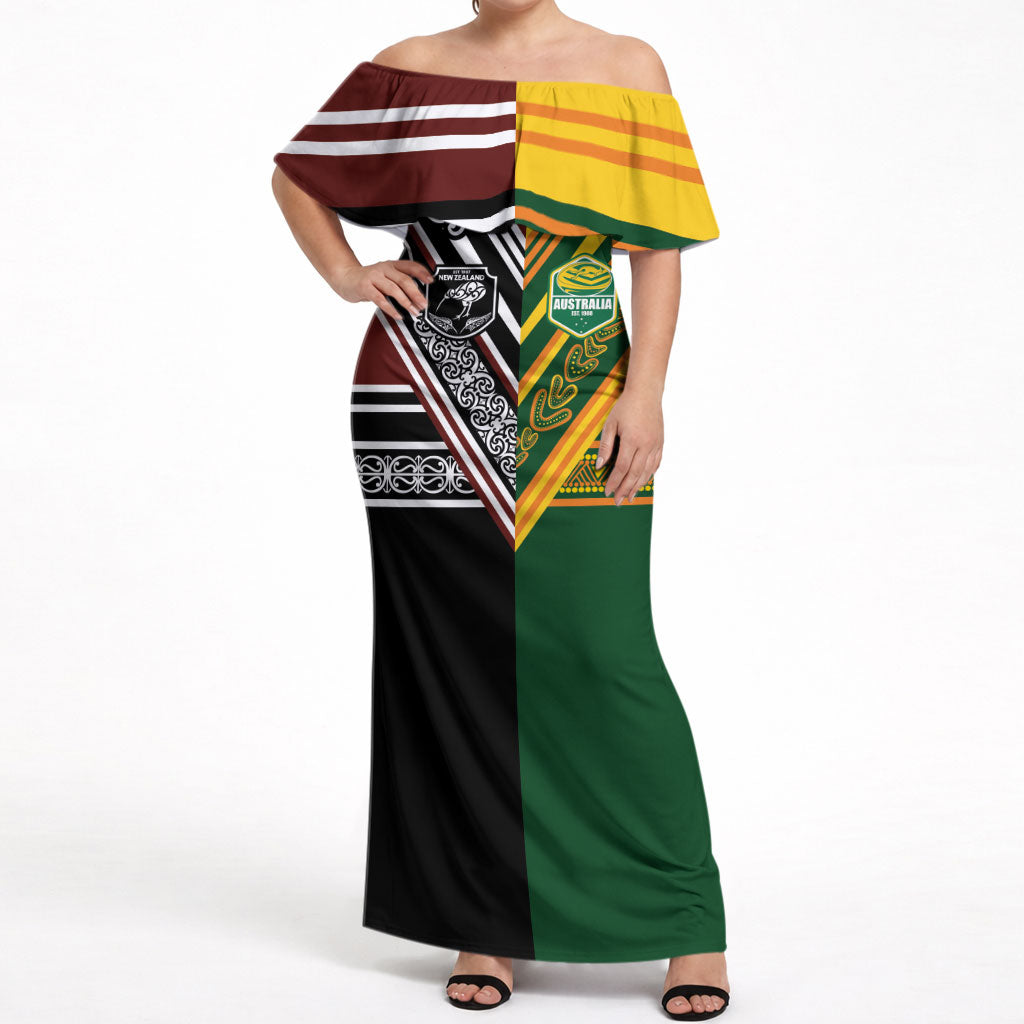Custom Rugby New Zealand and Australia Off Shoulder Maxi Dress Burgundy Koru Geometric with Aboriginal Chevron Sport Style