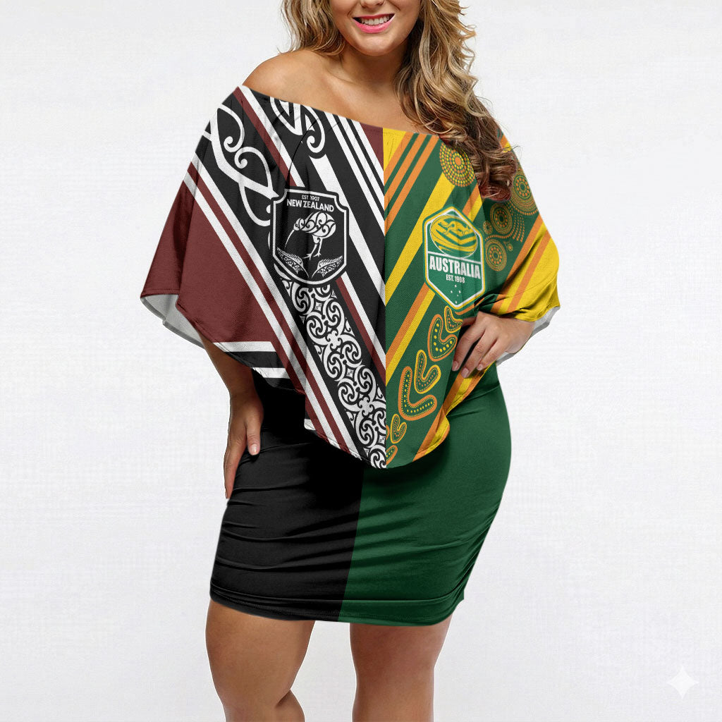Custom Rugby New Zealand and Australia Off Shoulder Short Dress Burgundy Koru Geometric with Aboriginal Chevron Sport Style