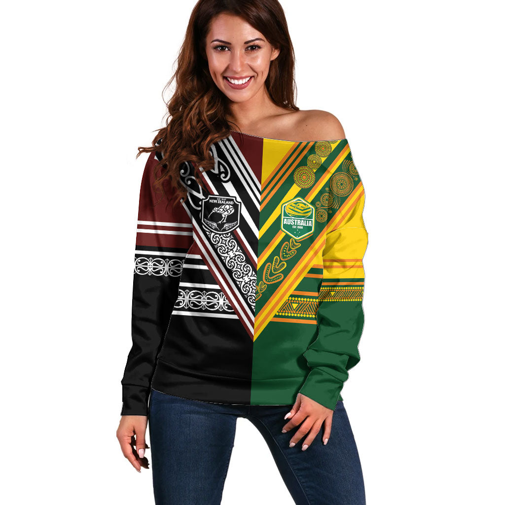 Custom Rugby New Zealand and Australia Off Shoulder Sweater Burgundy Koru Geometric with Aboriginal Chevron Sport Style