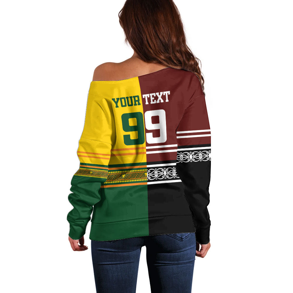 Custom Rugby New Zealand and Australia Off Shoulder Sweater Burgundy Koru Geometric with Aboriginal Chevron Sport Style