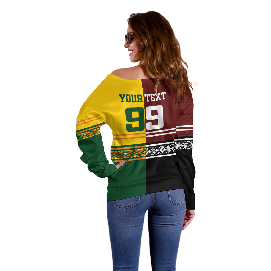 Custom Rugby New Zealand and Australia Off Shoulder Sweater Burgundy Koru Geometric with Aboriginal Chevron Sport Style