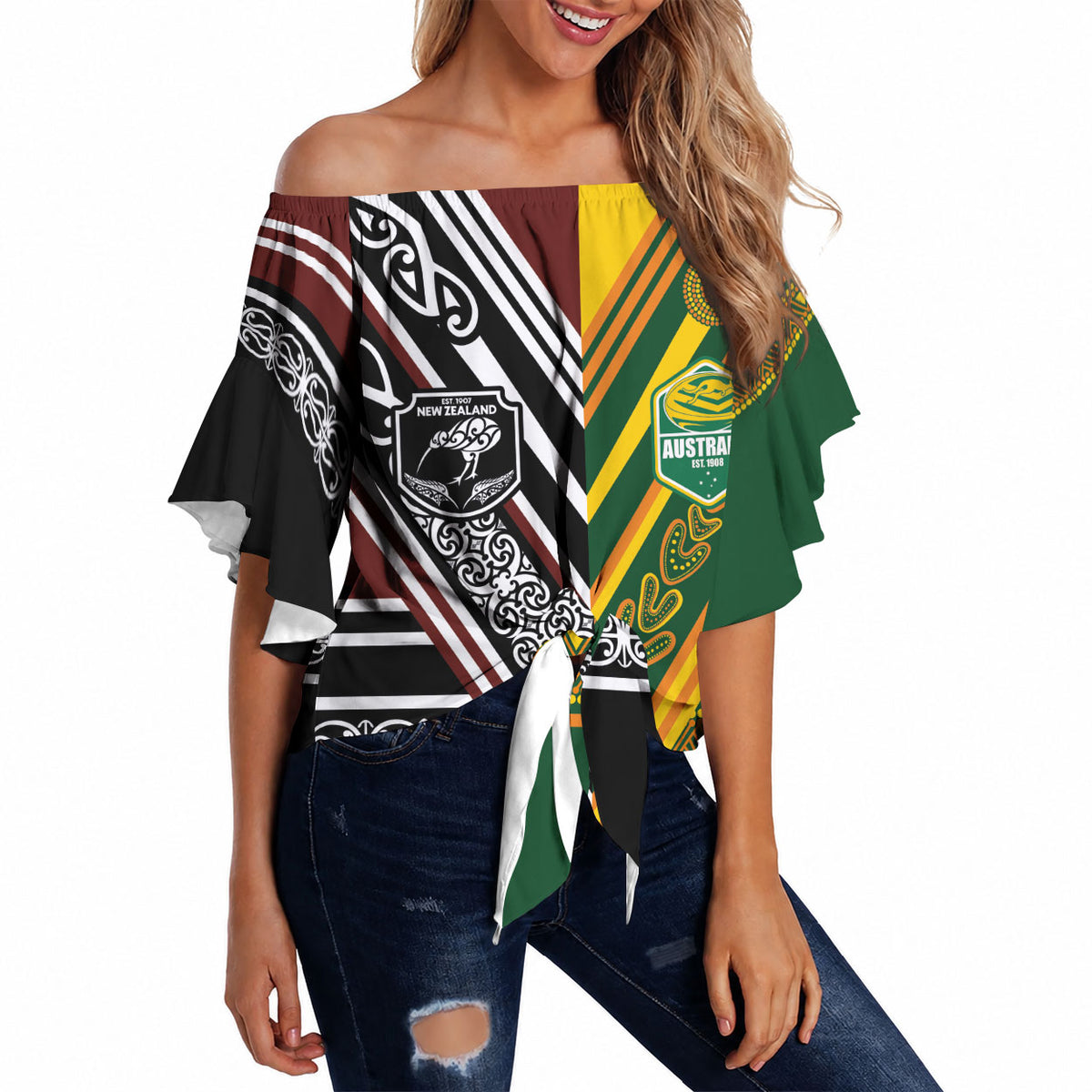 Custom Rugby New Zealand and Australia Off Shoulder Wrap Waist Top Burgundy Koru Geometric with Aboriginal Chevron Sport Style
