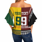 Custom Rugby New Zealand and Australia Off Shoulder Wrap Waist Top Burgundy Koru Geometric with Aboriginal Chevron Sport Style