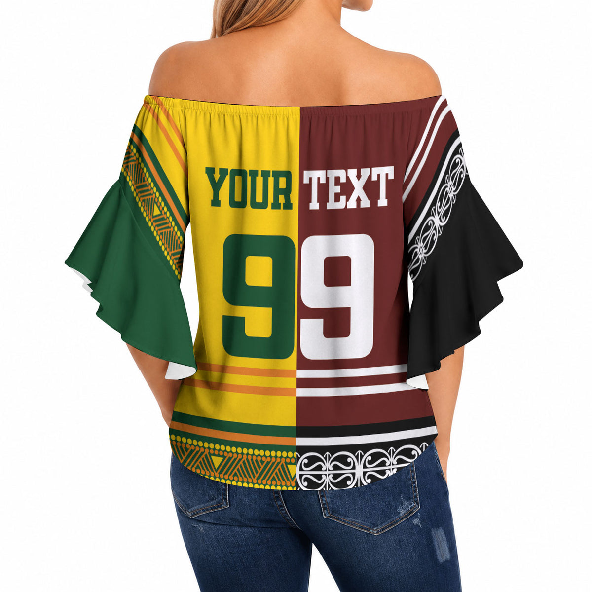 Custom Rugby New Zealand and Australia Off Shoulder Wrap Waist Top Burgundy Koru Geometric with Aboriginal Chevron Sport Style