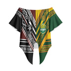 Custom Rugby New Zealand and Australia Off Shoulder Wrap Waist Top Burgundy Koru Geometric with Aboriginal Chevron Sport Style