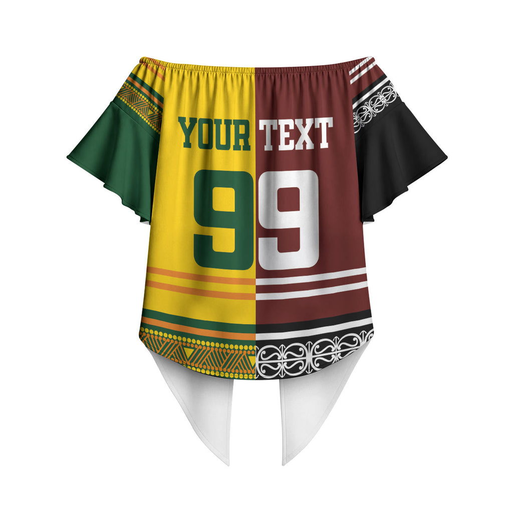 Custom Rugby New Zealand and Australia Off Shoulder Wrap Waist Top Burgundy Koru Geometric with Aboriginal Chevron Sport Style