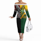 Custom Rugby New Zealand and Australia Off The Shoulder Long Sleeve Dress Burgundy Koru Geometric with Aboriginal Chevron Sport Style