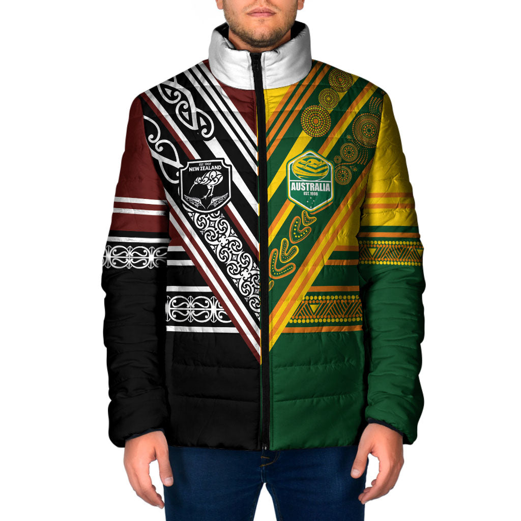 Custom Rugby New Zealand and Australia Padded Jacket Burgundy Koru Geometric with Aboriginal Chevron Sport Style