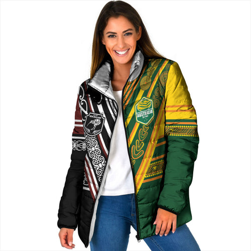 Custom Rugby New Zealand and Australia Padded Jacket Burgundy Koru Geometric with Aboriginal Chevron Sport Style
