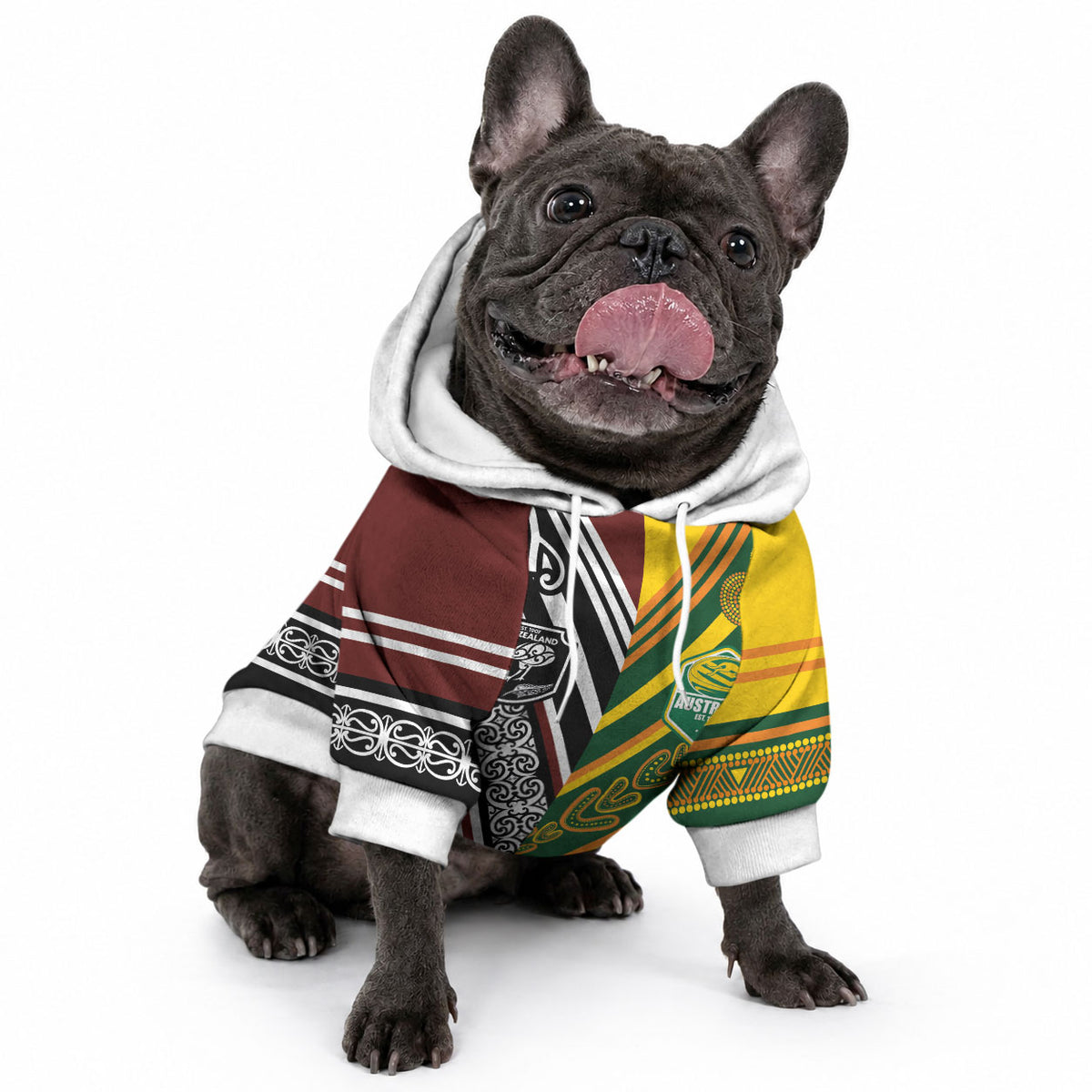 Custom Rugby New Zealand and Australia Pet Hoodie Burgundy Koru Geometric with Aboriginal Chevron Sport Style