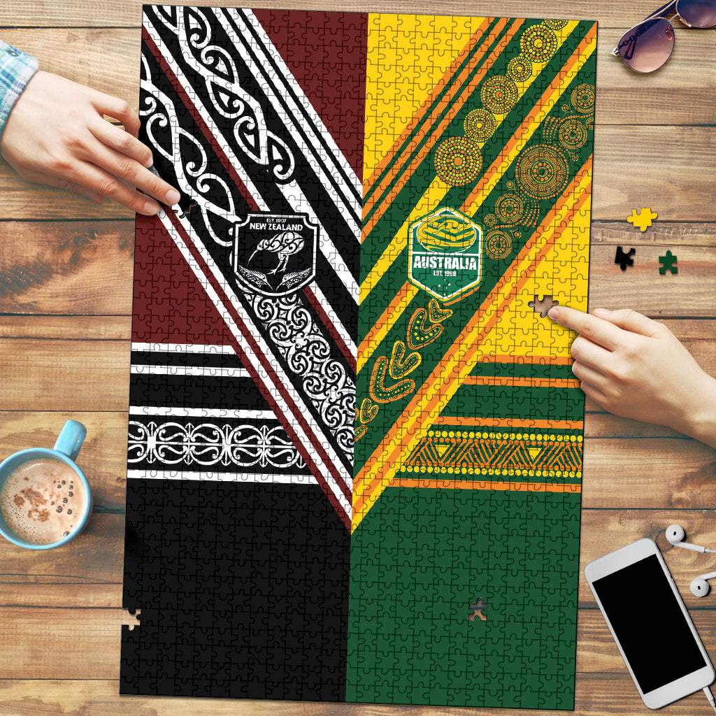 Rugby New Zealand and Australia Puzzle Burgundy Koru Geometric with Aboriginal Chevron Sport Style