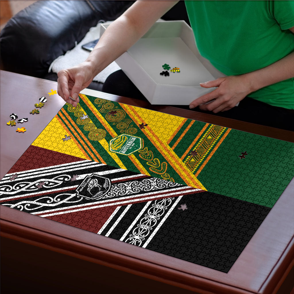 Rugby New Zealand and Australia Puzzle Burgundy Koru Geometric with Aboriginal Chevron Sport Style