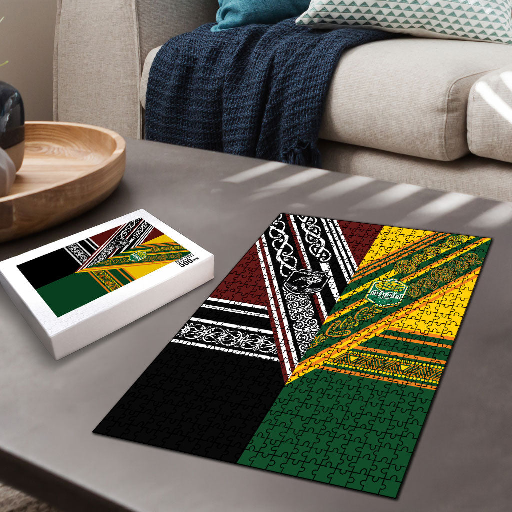 Rugby New Zealand and Australia Puzzle Burgundy Koru Geometric with Aboriginal Chevron Sport Style