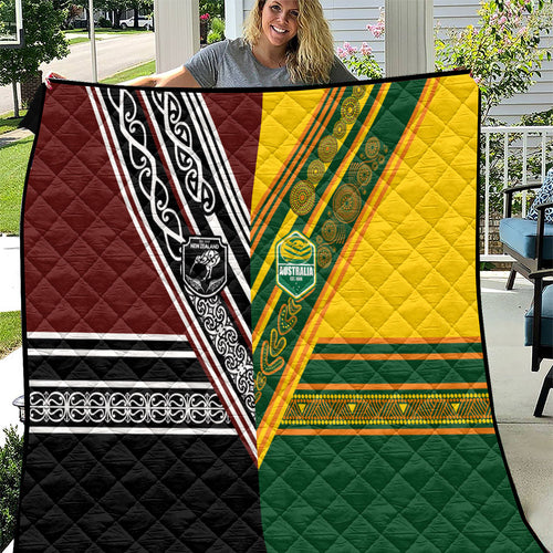 Rugby New Zealand and Australia Quilt Burgundy Koru Geometric with Aboriginal Chevron Sport Style