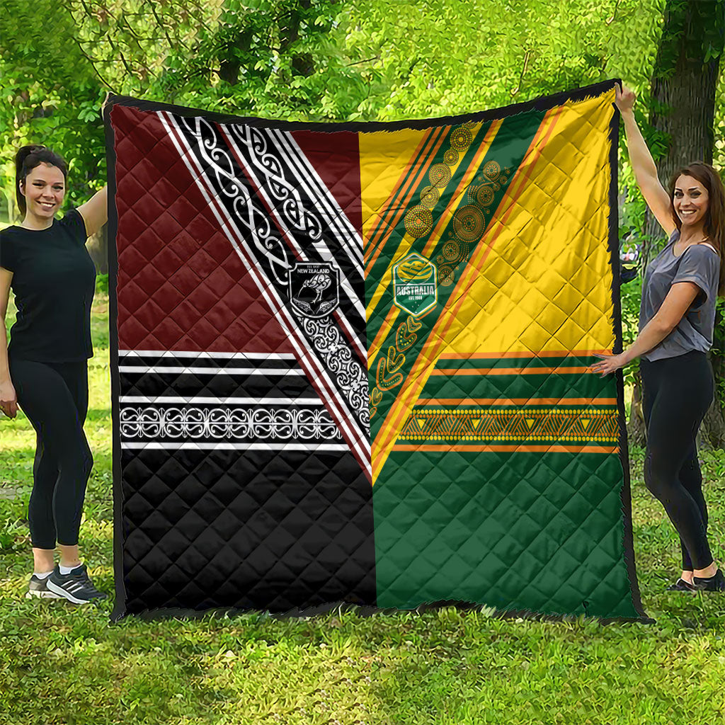 Rugby New Zealand and Australia Quilt Burgundy Koru Geometric with Aboriginal Chevron Sport Style