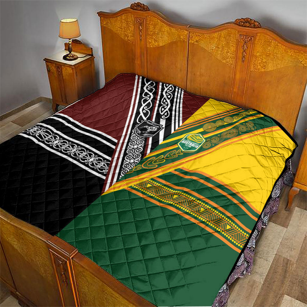 Rugby New Zealand and Australia Quilt Burgundy Koru Geometric with Aboriginal Chevron Sport Style