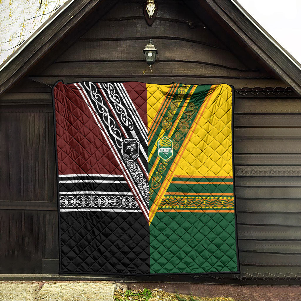 Rugby New Zealand and Australia Quilt Burgundy Koru Geometric with Aboriginal Chevron Sport Style