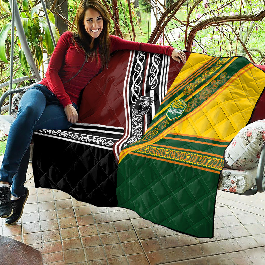 Rugby New Zealand and Australia Quilt Burgundy Koru Geometric with Aboriginal Chevron Sport Style