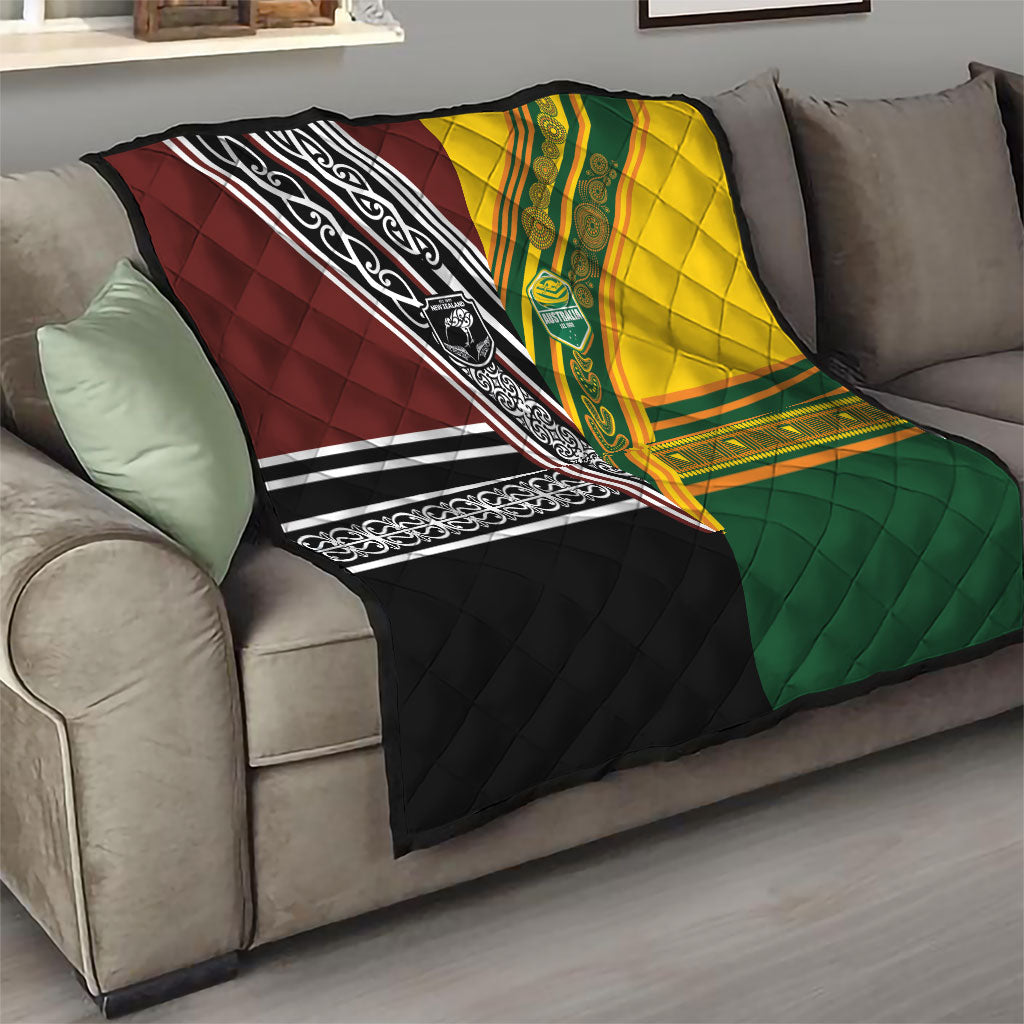 Rugby New Zealand and Australia Quilt Burgundy Koru Geometric with Aboriginal Chevron Sport Style